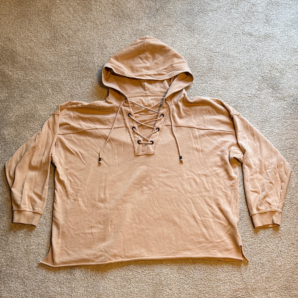 Aerie oversized lace up raw hem hoodie sweatshirt